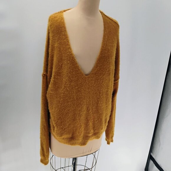 Free People Princess Sweater Gold Fuzzy Vneck Pullover S - Picture 4 of 12